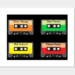 Mixtapes Pack. Set of Four Retro Cassette Mix Tapes in Vintage Colors. Slow Songs, Your Faves, Old School and Dance Tracks. (Black Background) Posters and Art